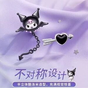 925 Sterling Silver Plated Kuromi Bat Wings Arrow & Heart Mismatch Stud Earrings